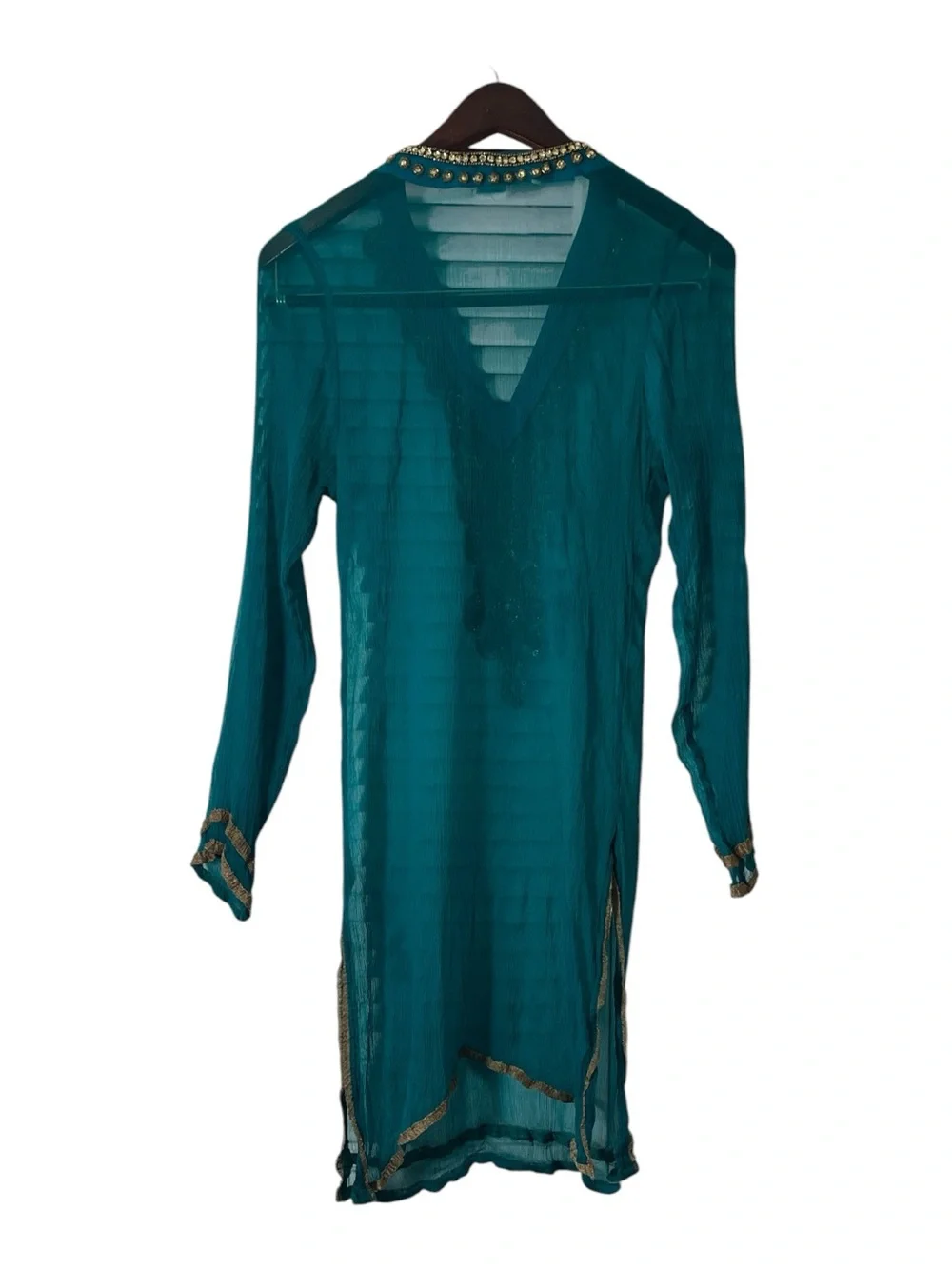 Marena Y Sol Teal Beaded V-Neck Swim Coverup/kaftan Tunic w/ Orange Accents szS